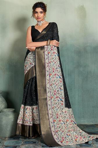 Black floral polka linen bollywood saree with blouse