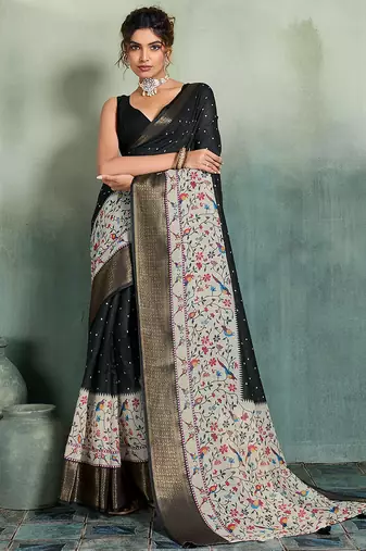 Black floral polka linen bollywood saree with blouse