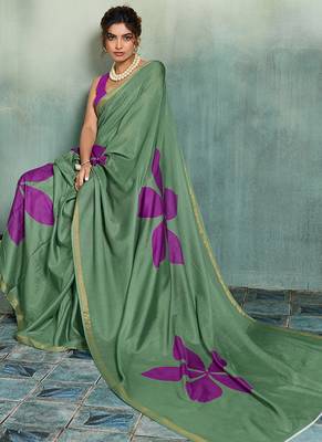 green floral cotton blend bollywood saree with blouse 2