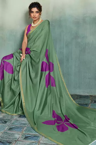 green floral cotton blend bollywood saree with blouse