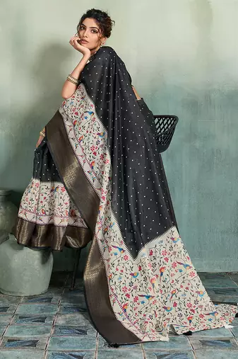 Black floral polka linen bollywood saree with blouse