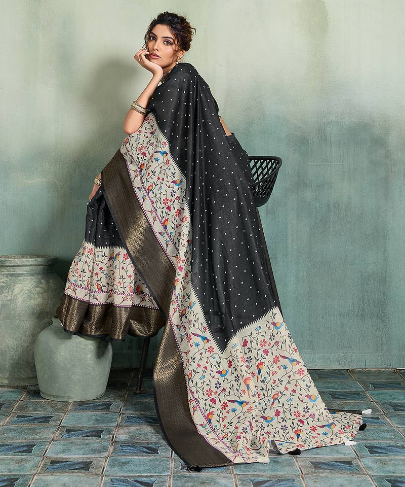 Black floral polka linen bollywood saree with blouse