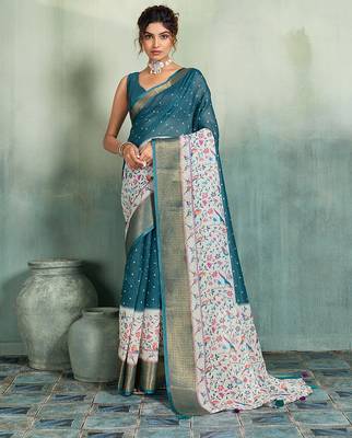 Teal blue floral polka linen bollywood saree with blouse 1