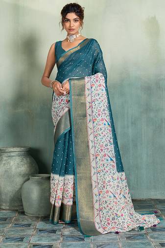 Teal blue floral polka linen bollywood saree with blouse