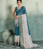 Teal blue floral polka linen bollywood saree with blouse