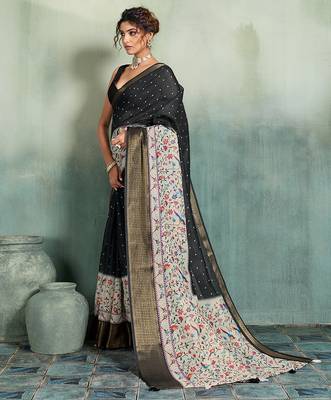 Black floral polka linen bollywood saree with blouse 3