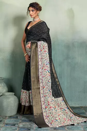 Black floral polka linen bollywood saree with blouse