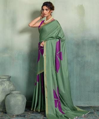 green floral cotton blend bollywood saree with blouse 3