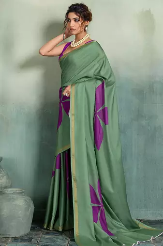 green floral cotton blend bollywood saree with blouse