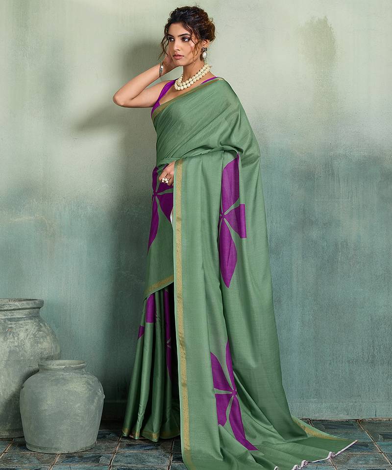green floral cotton blend bollywood saree with blouse