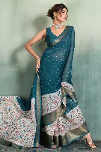Teal blue floral polka linen bollywood saree with blouse