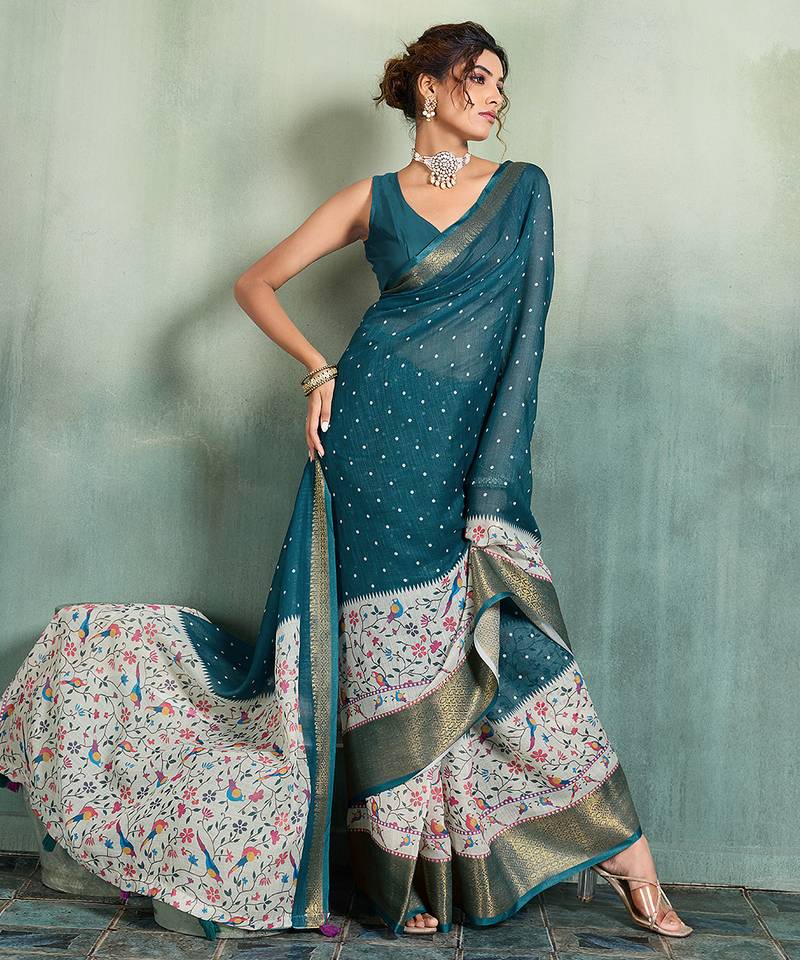Teal blue floral polka linen bollywood saree with blouse