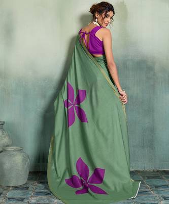 green floral cotton blend bollywood saree with blouse 4