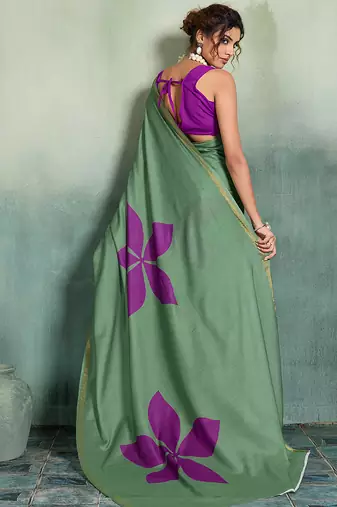green floral cotton blend bollywood saree with blouse