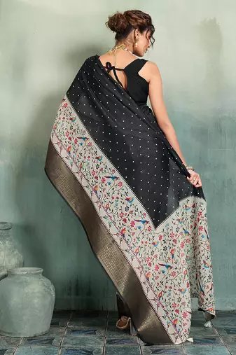 Black floral polka linen bollywood saree with blouse