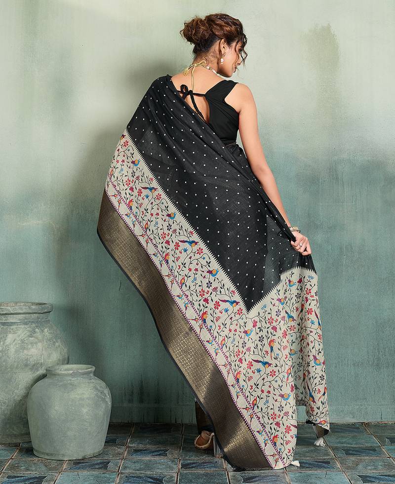 Black floral polka linen bollywood saree with blouse