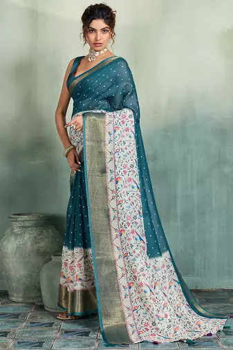 Teal blue floral polka linen bollywood saree with blouse