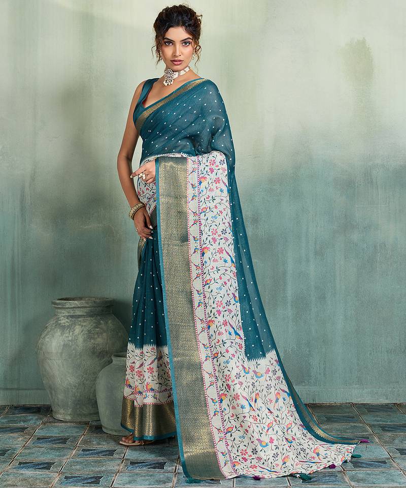 Teal blue floral polka linen bollywood saree with blouse