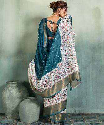 Teal blue floral polka linen bollywood saree with blouse 4