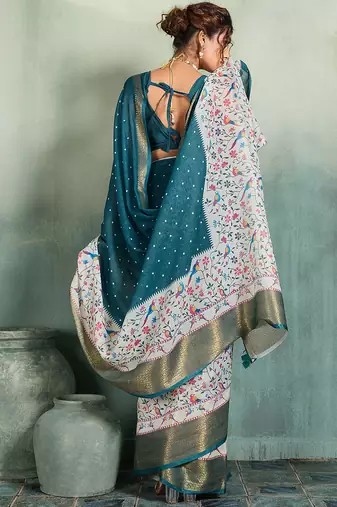 Teal blue floral polka linen bollywood saree with blouse