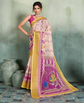 Cream floral linen kalamkari saree with blouse 1