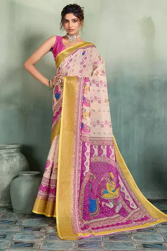 Cream floral linen kalamkari saree with blouse