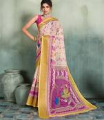 Cream floral linen kalamkari saree with blouse