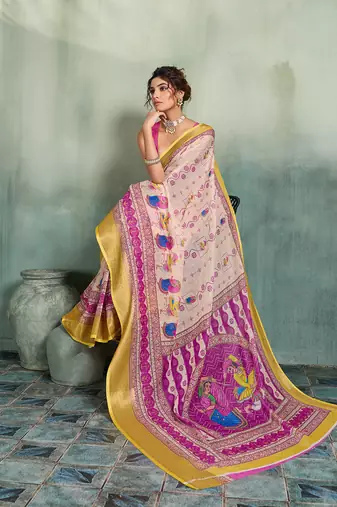 Cream floral linen kalamkari saree with blouse