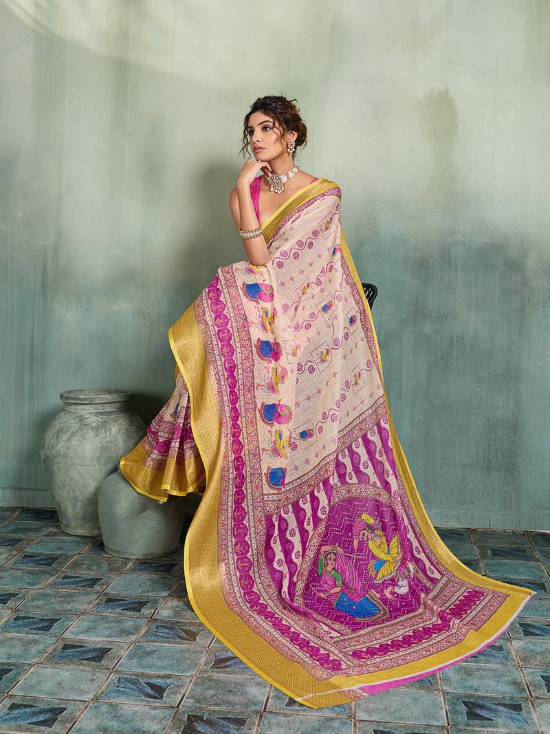 Cream floral linen kalamkari saree with blouse