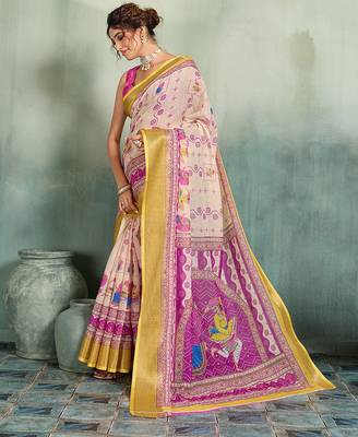 Cream floral linen kalamkari saree with blouse 3