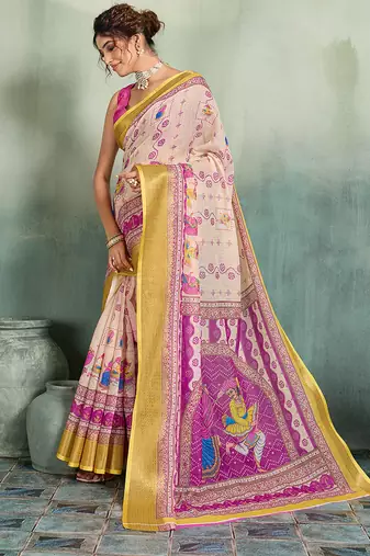 Cream floral linen kalamkari saree with blouse