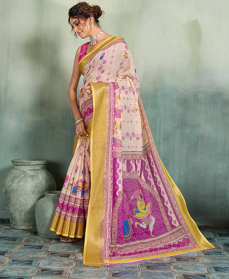 Cream floral linen kalamkari saree with blouse