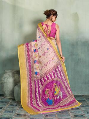 Cream floral linen kalamkari saree with blouse 4