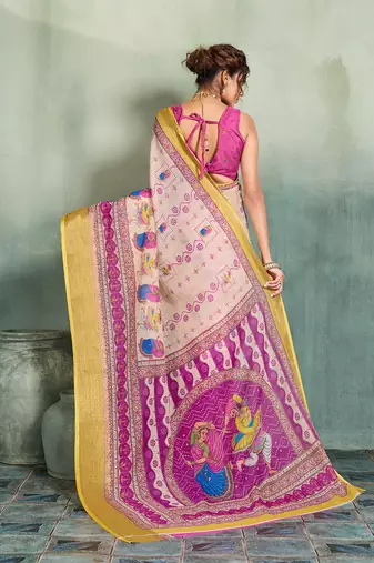 Cream floral linen kalamkari saree with blouse