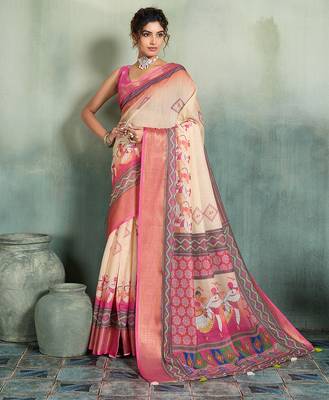 Cream pink floral linen kalamkari saree with blouse 1