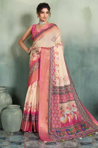 Cream pink floral linen kalamkari saree with blouse