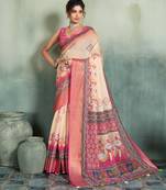 Cream pink floral linen kalamkari saree with blouse