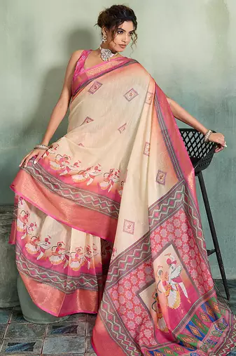 Cream pink floral linen kalamkari saree with blouse