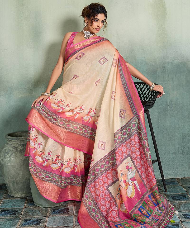 Cream pink floral linen kalamkari saree with blouse