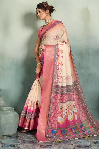 Cream pink floral linen kalamkari saree with blouse