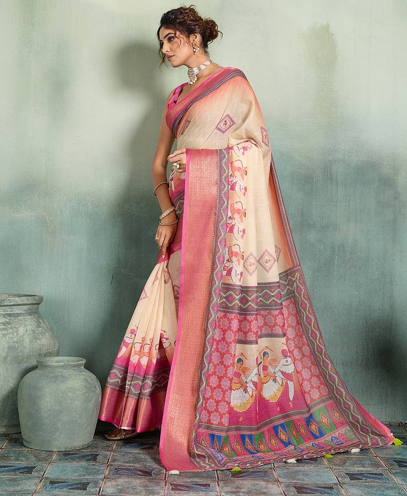 Cream pink floral linen kalamkari saree with blouse