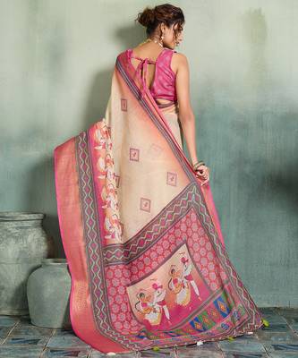 Cream pink floral linen kalamkari saree with blouse 4