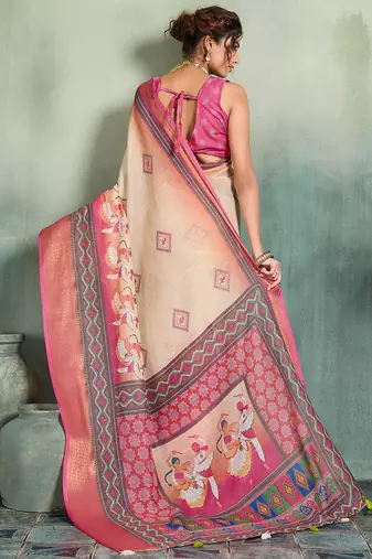 Cream pink floral linen kalamkari saree with blouse