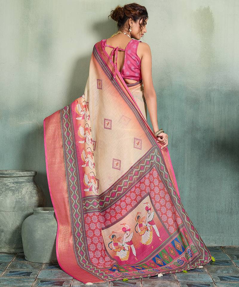 Cream pink floral linen kalamkari saree with blouse