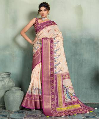 Cream wine floral linen kalamkari saree with blouse 1
