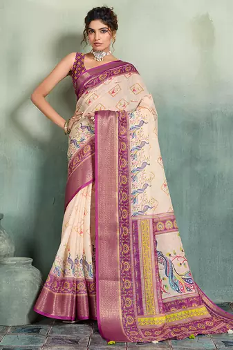 Cream wine floral linen kalamkari saree with blouse