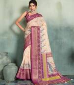 Cream wine floral linen kalamkari saree with blouse