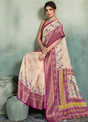 Cream wine floral linen kalamkari saree with blouse 2