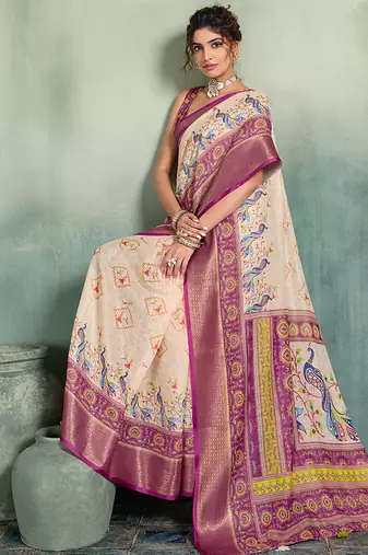 Cream wine floral linen kalamkari saree with blouse