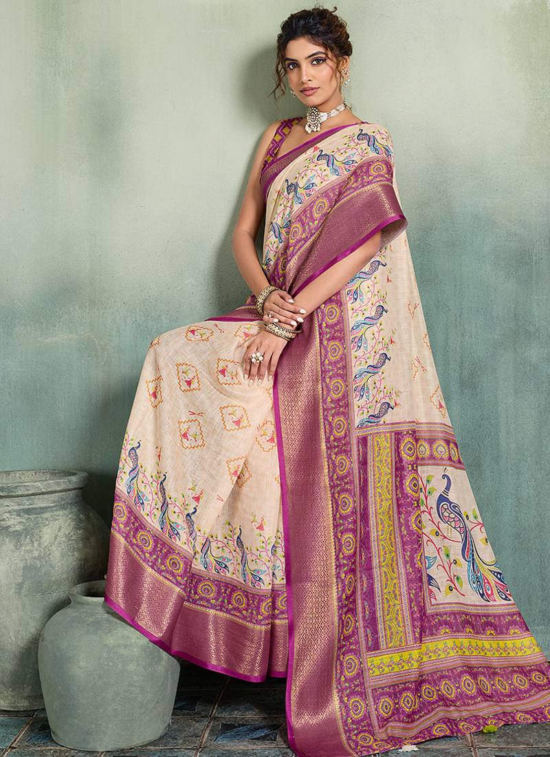 Cream wine floral linen kalamkari saree with blouse